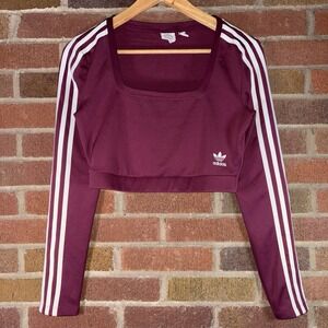 Size S - Adidas Prime Blue Cropped Long Sleeve Square Neck Striped Top Shirt